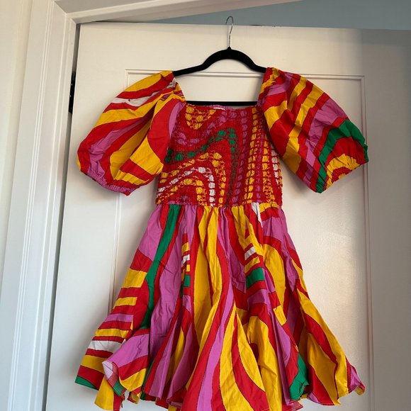 Rhode Flare Mini Dress Printed Smocked Bodice Puff Sleeve Square Neck Multicolor - Picture 1 of 5